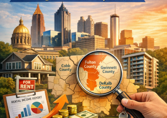 Map highlighting Fulton, Cobb, Gwinnett, and DeKalb counties with symbols for rental properties and profit.