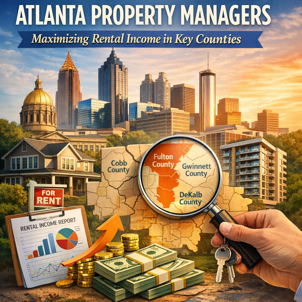 Map highlighting Fulton, Cobb, Gwinnett, and DeKalb counties with symbols for rental properties and profit.