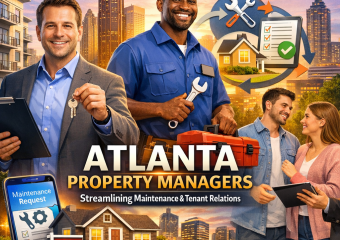 Atlanta property managers discussing strategies over a blueprint.