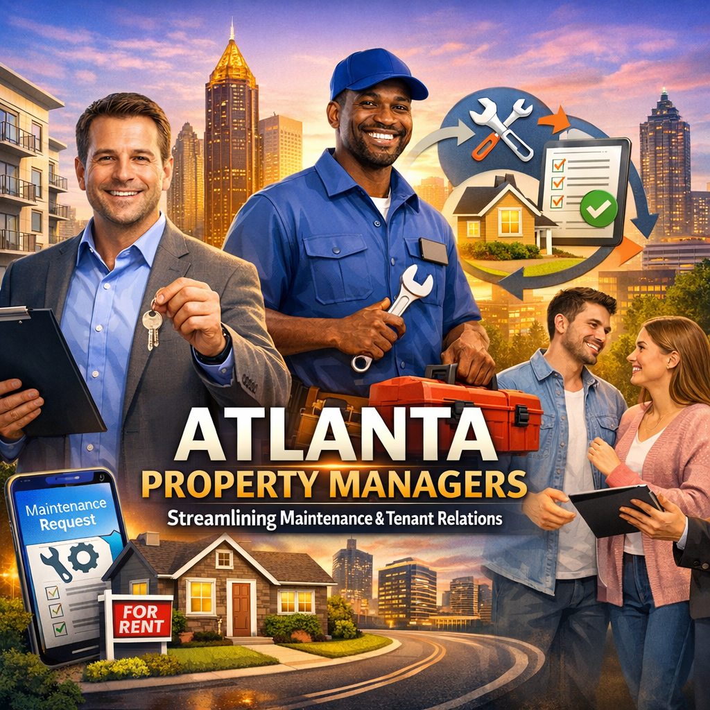 Atlanta property managers discussing strategies over a blueprint.