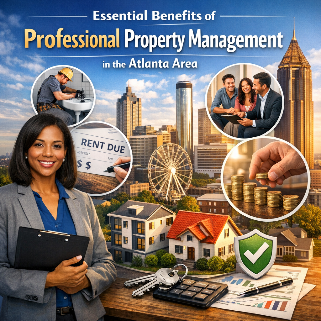 Graphic showing key benefits of Atlanta property management, including icons for profitability and peace of mind.