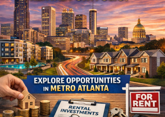 Illustration of Metro Atlanta skyline with real estate icons highlighting rental property investment opportunities.
