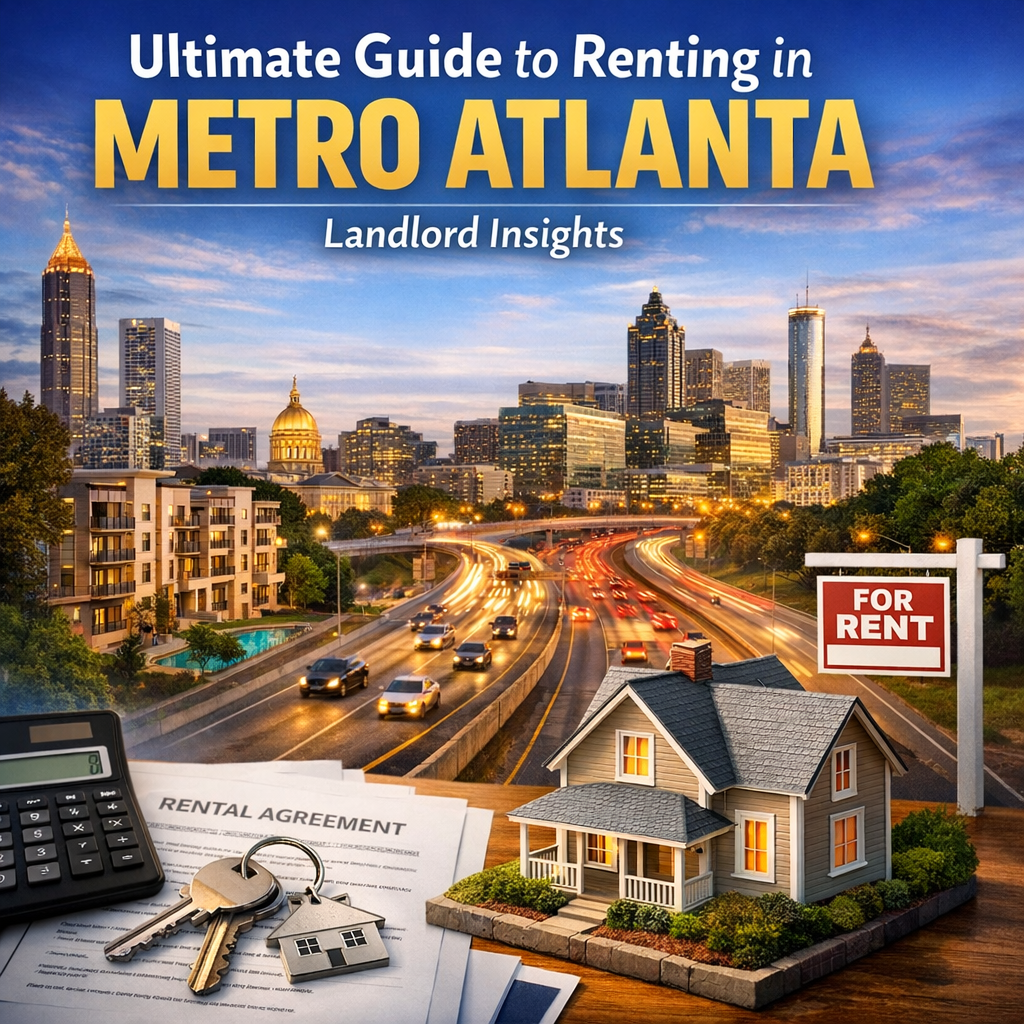 Cover of a guidebook titled "Ultimate Guide to Renting in Metro Atlanta: Landlord Insights".