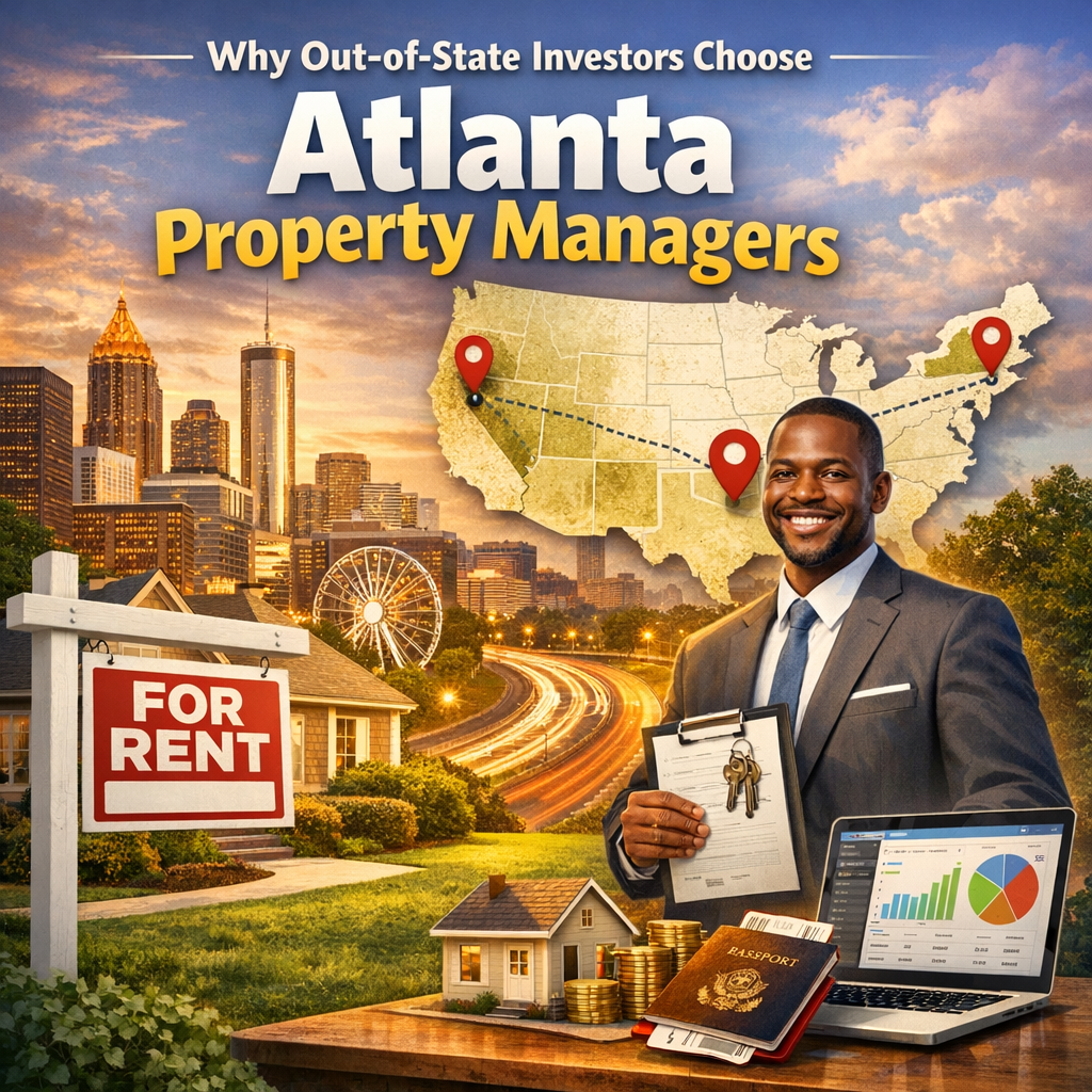 Map of the U.S. highlighting Atlanta, with symbols representing real estate and property management.